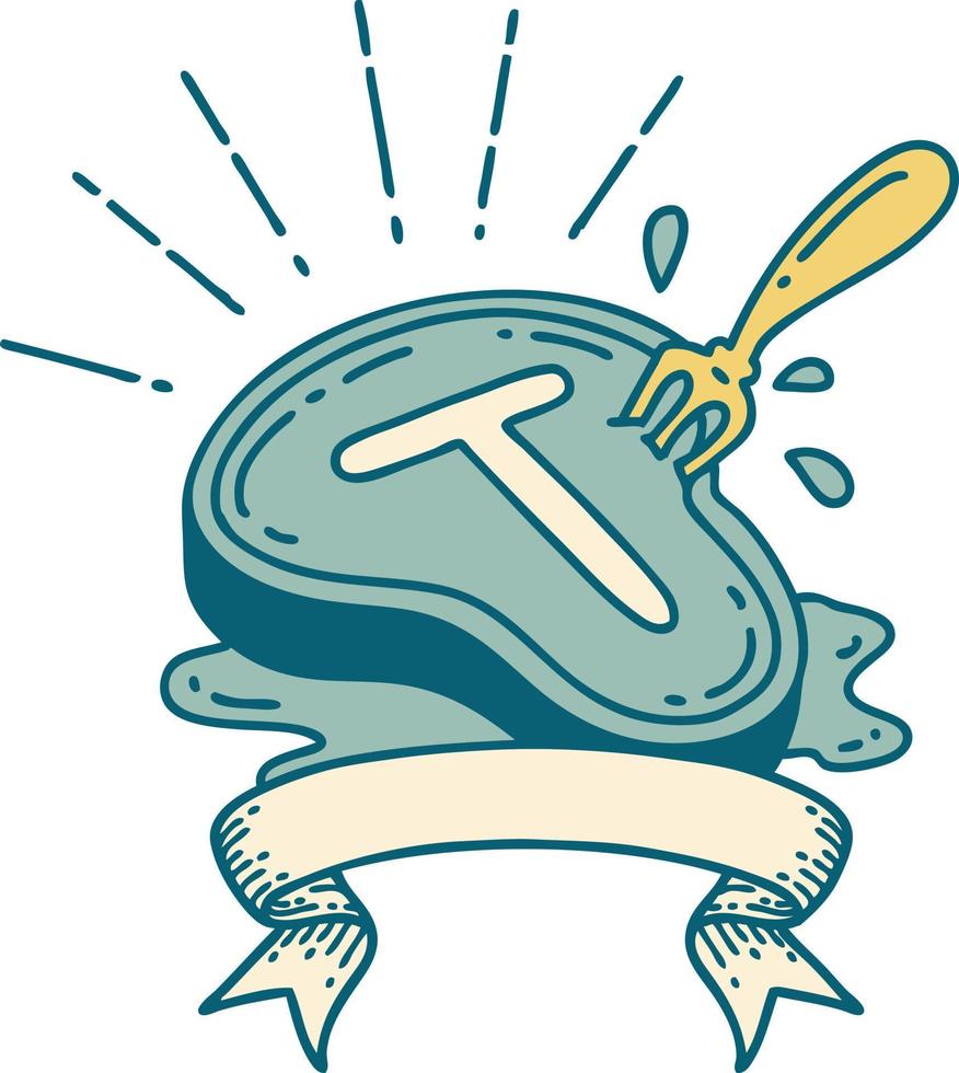 scroll banner with tattoo style steak and fork vector