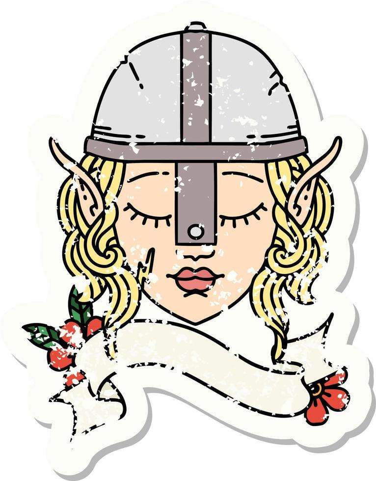 grunge sticker of a elf fighter character face vector