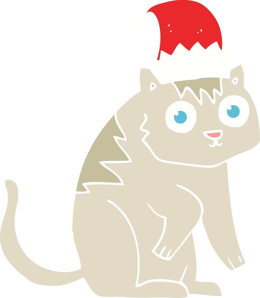 flat color illustration of cat wearing christmas hat vector