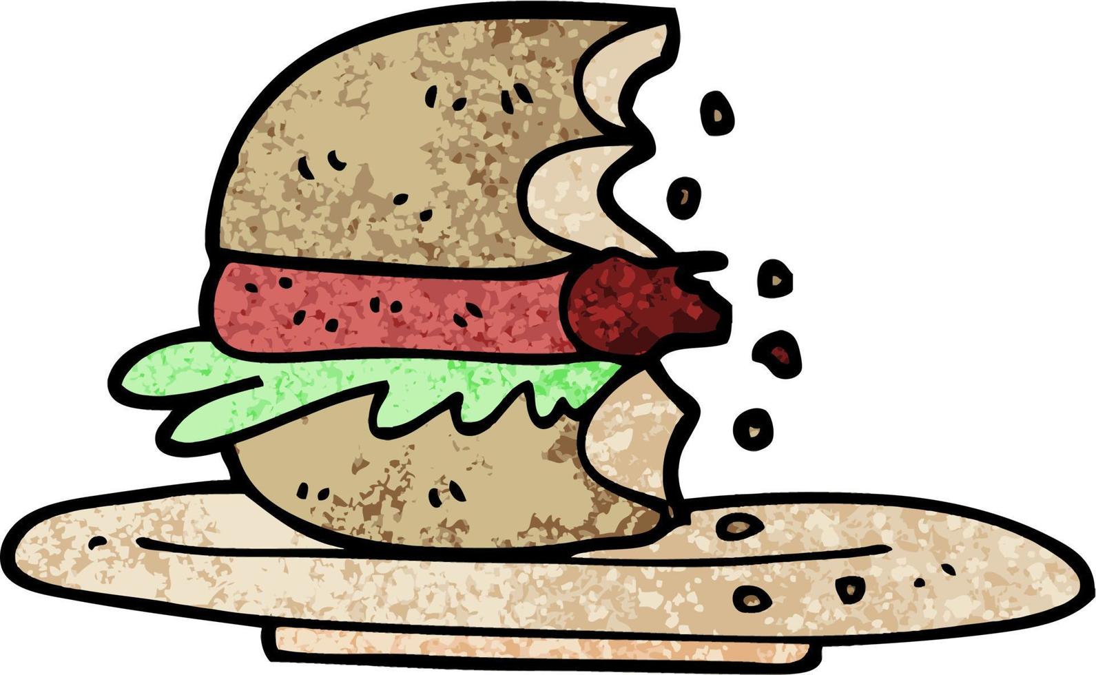 grunge textured illustration cartoon half eaten burger vector