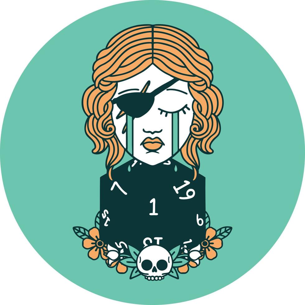 icon of crying human rogue with natural one d20 roll vector