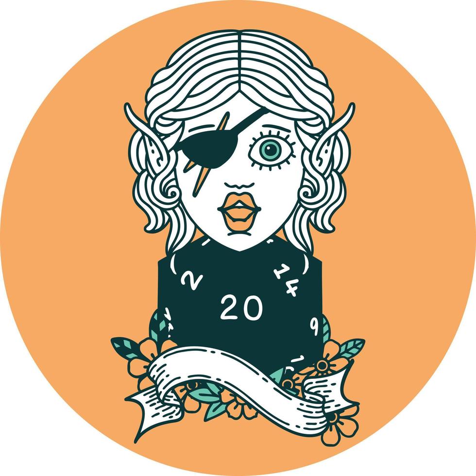 icon of elf rogue with natural twenty dice roll vector