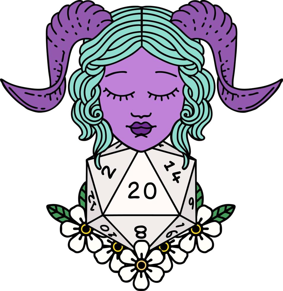 Retro Tattoo Style tiefling with natural twenty dice roll vector