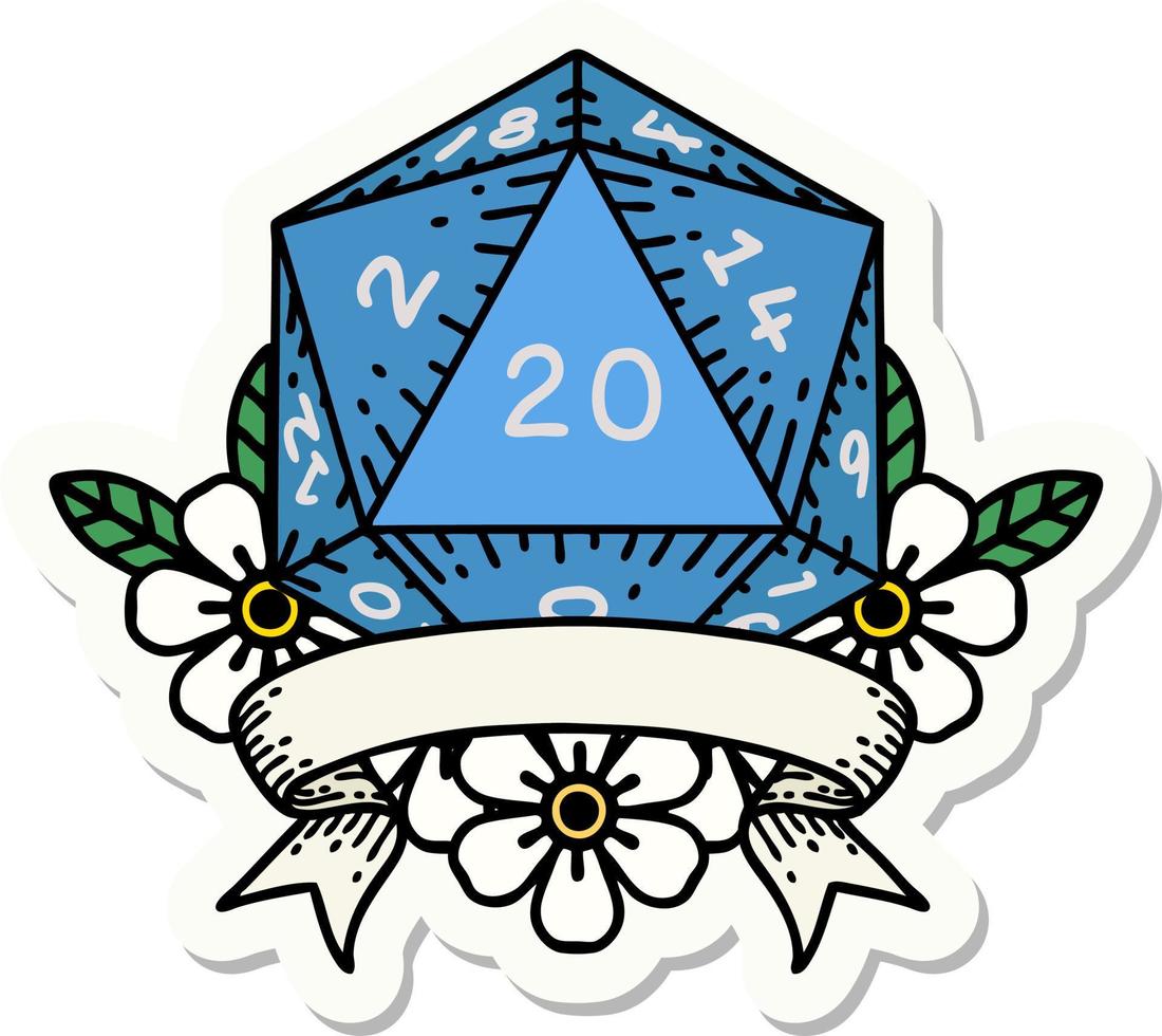 sticker of a natural 20 critical hit D20 dice roll vector