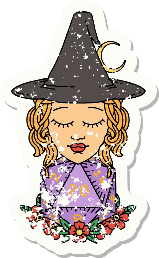 grunge sticker of a human witch with natural twenty dice roll vector