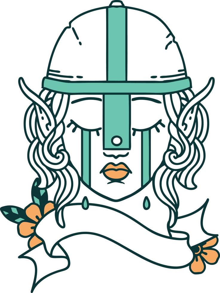 Retro Tattoo Style crying elf fighter character face vector