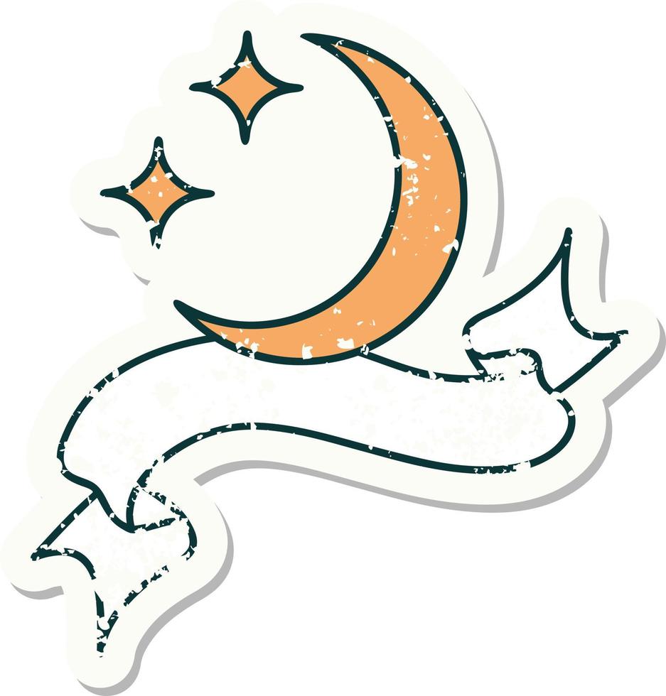 worn old sticker with banner of a moon and stars vector