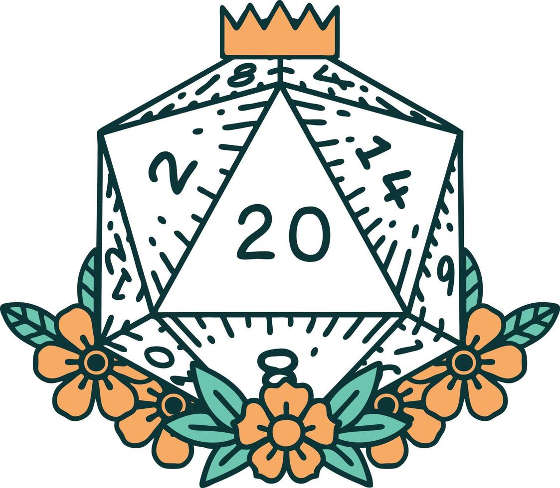 Retro Tattoo Style natural 20 D20 dice roll with floral elements vector