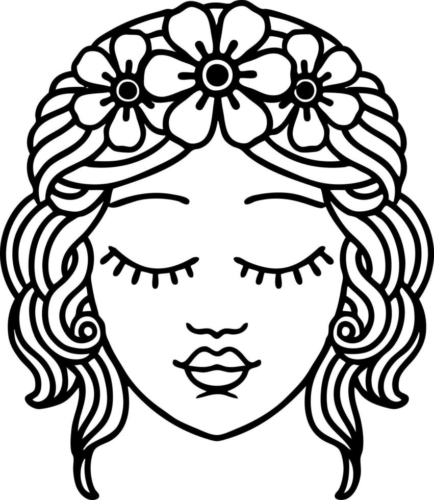 tattoo in black line style of a maidens face vector