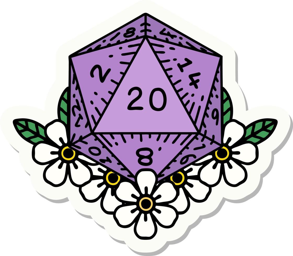 sticker of a natural 20 D20 dice roll with floral elements vector