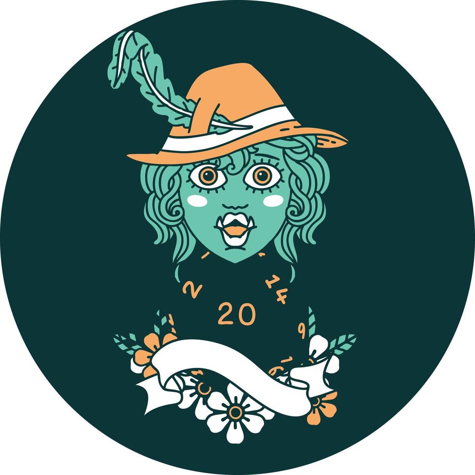 icon of singing half orc bard character with natural twenty dice roll vector