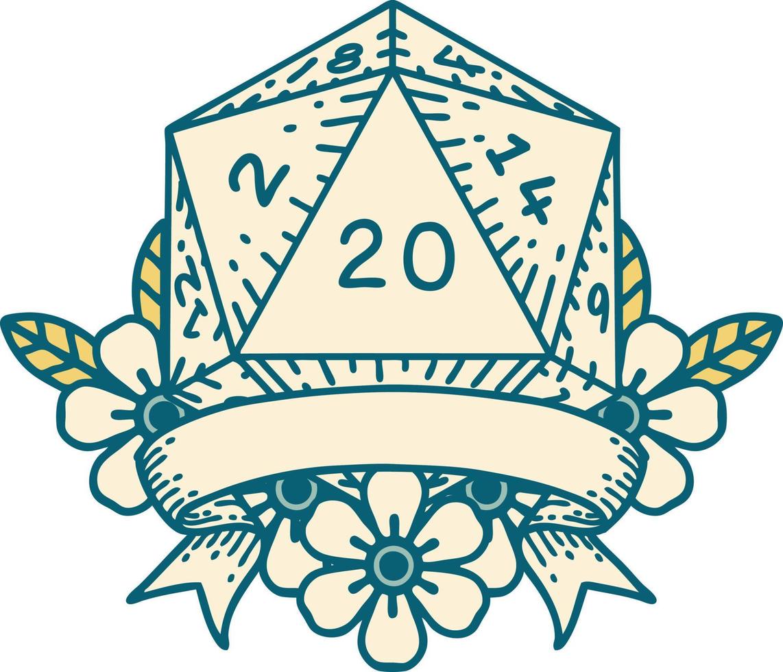 Retro Tattoo Style natural 20 critical hit D20 dice roll vector