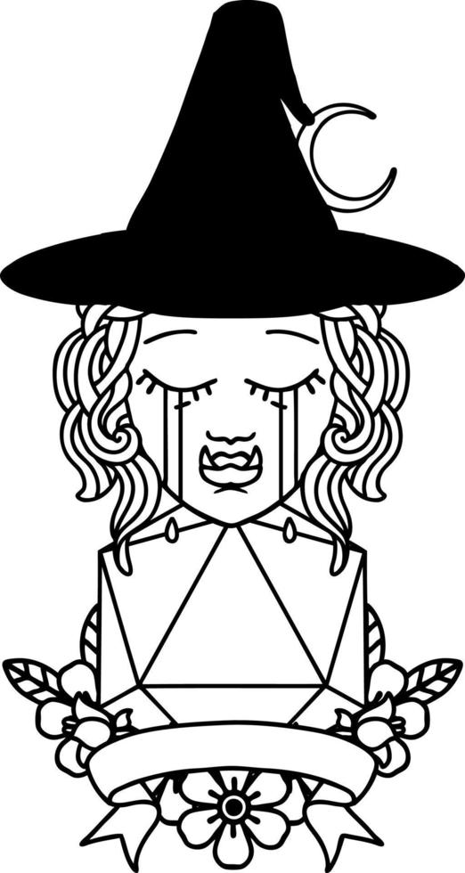 Black and White Tattoo linework Style crying half orc witch character with natural one roll vector