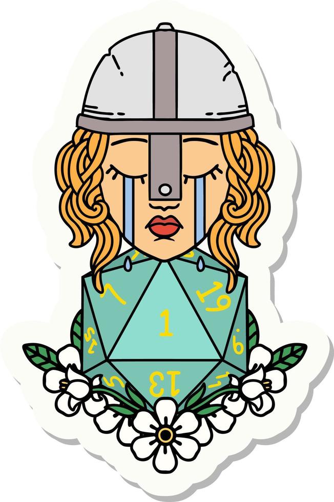 sticker of a crying human fighter with natural one D20 roll vector