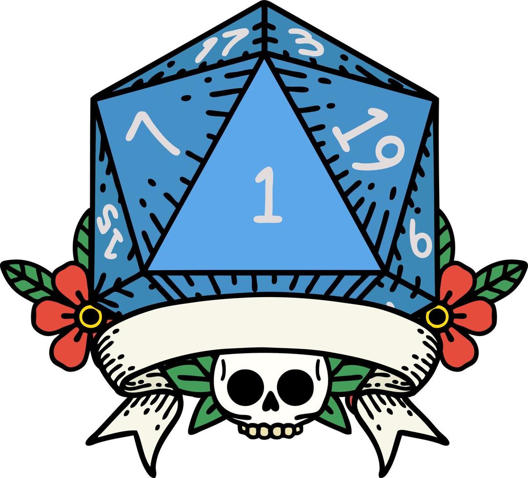 Retro Tattoo Style natural one d20 dice roll vector