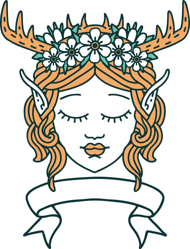 Retro Tattoo Style elf druid character face with banner vector