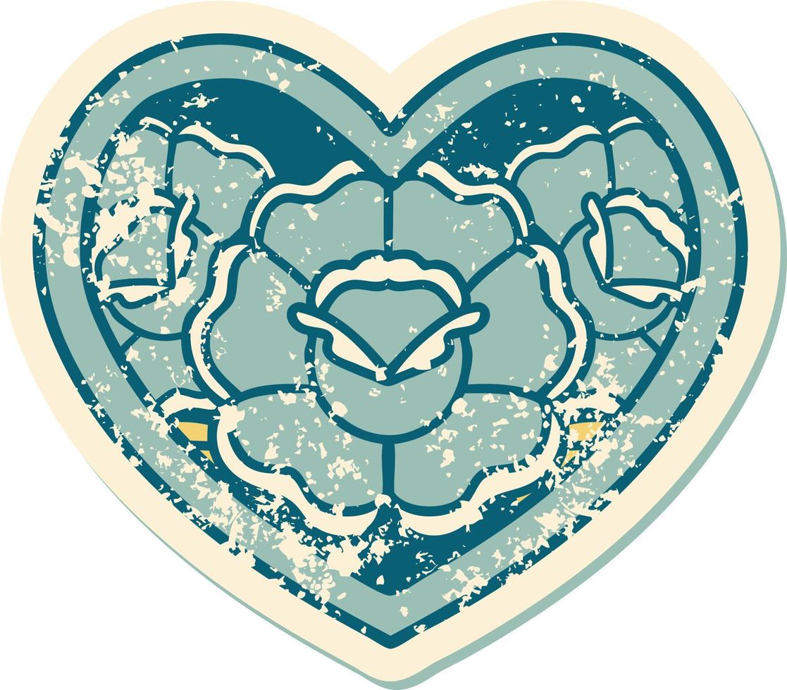 iconic distressed sticker tattoo style image of a heart and flowers vector