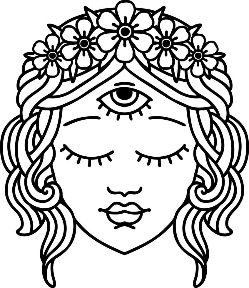 tattoo in black line style of female face with third eye and crown of flowers vector