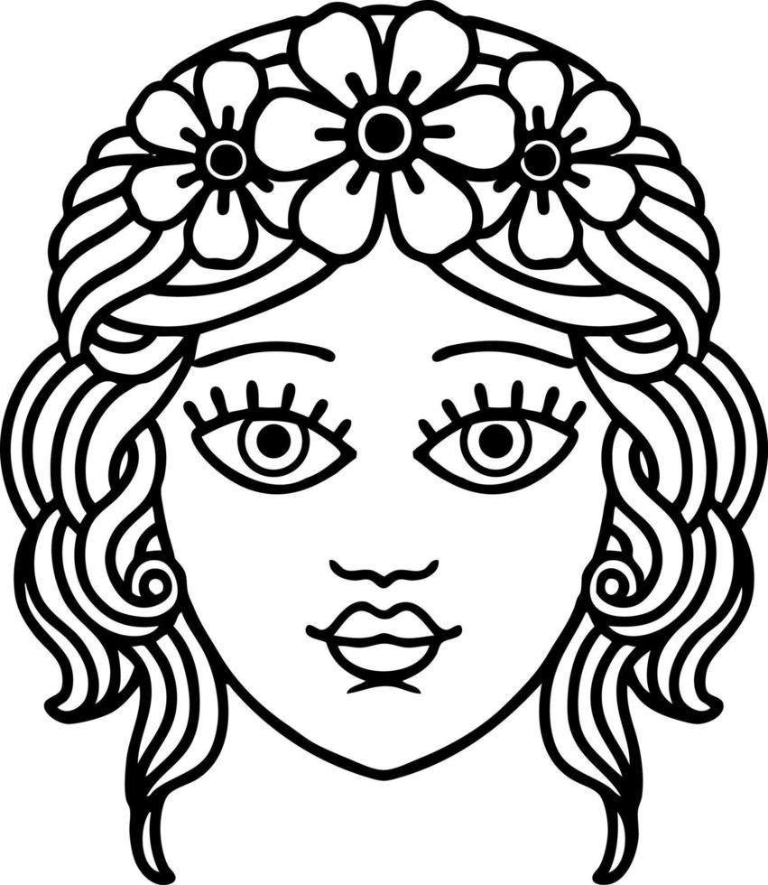 tattoo in black line style of female face with crown of flowers vector