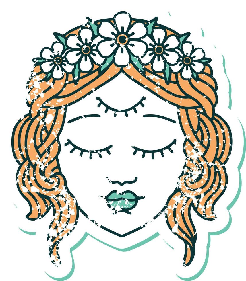 iconic distressed sticker tattoo style image of female face with third eye vector