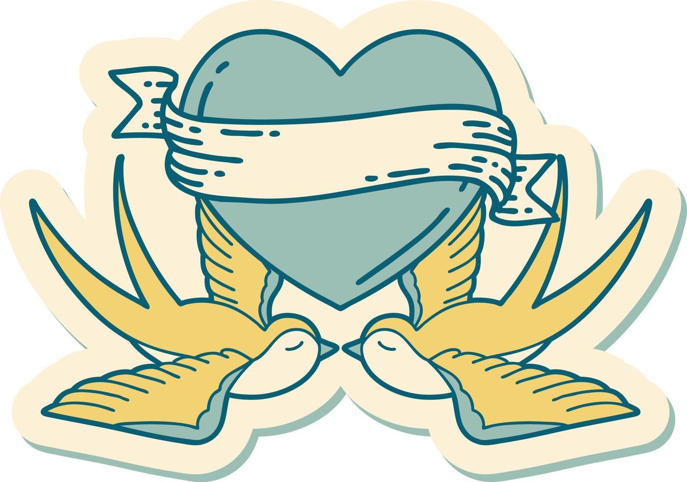 sticker of tattoo in traditional style of swallows and a heart with banner vector