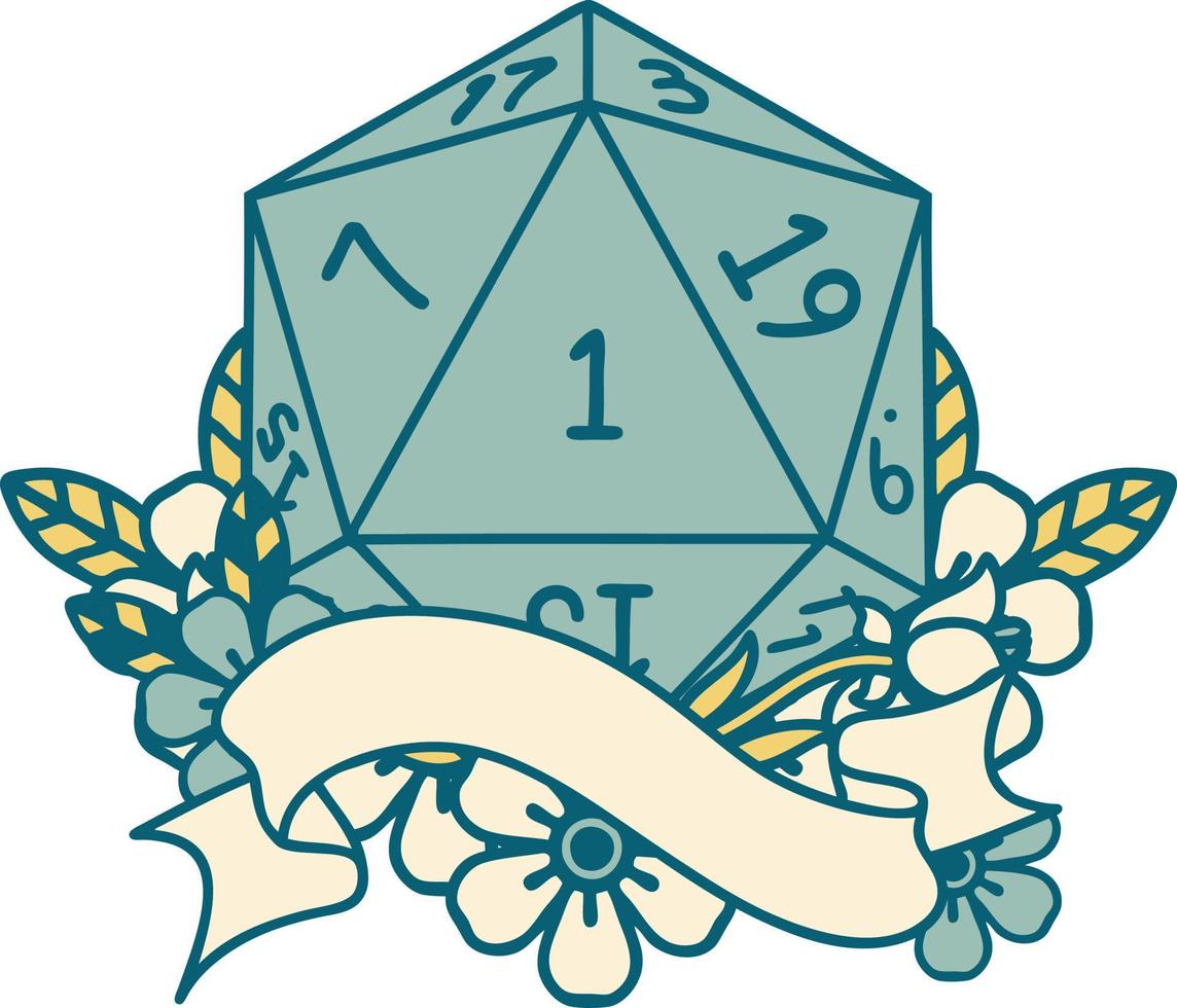 Retro Tattoo Style natural one d20 dice roll vector