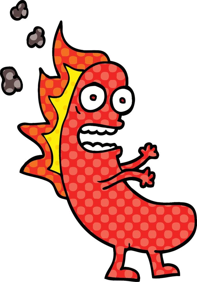 comic book style cartoon flaming hotdog vector