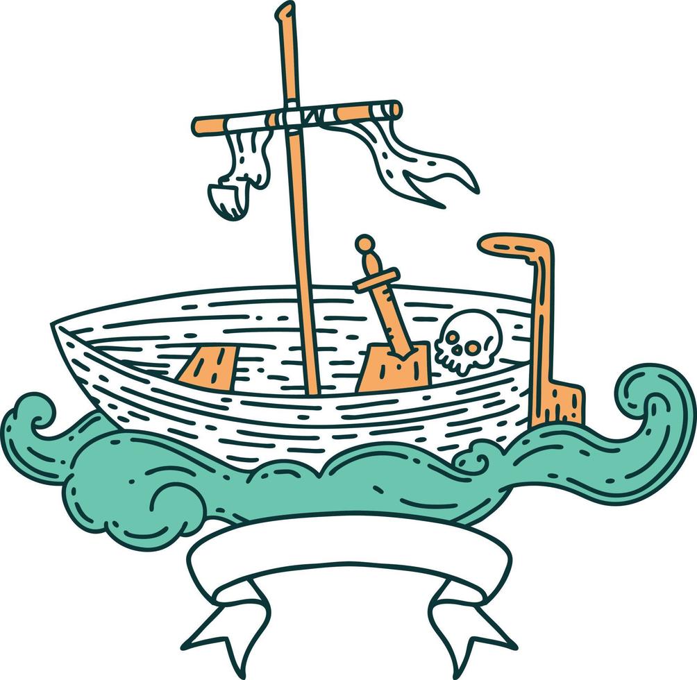 scroll banner with tattoo style empty boat with skull vector