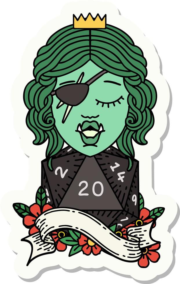 sticker of a orc rogue character with natural twenty dice roll vector