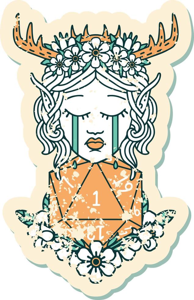 Retro Tattoo Style crying elf druid character face with natural one D20 roll vector