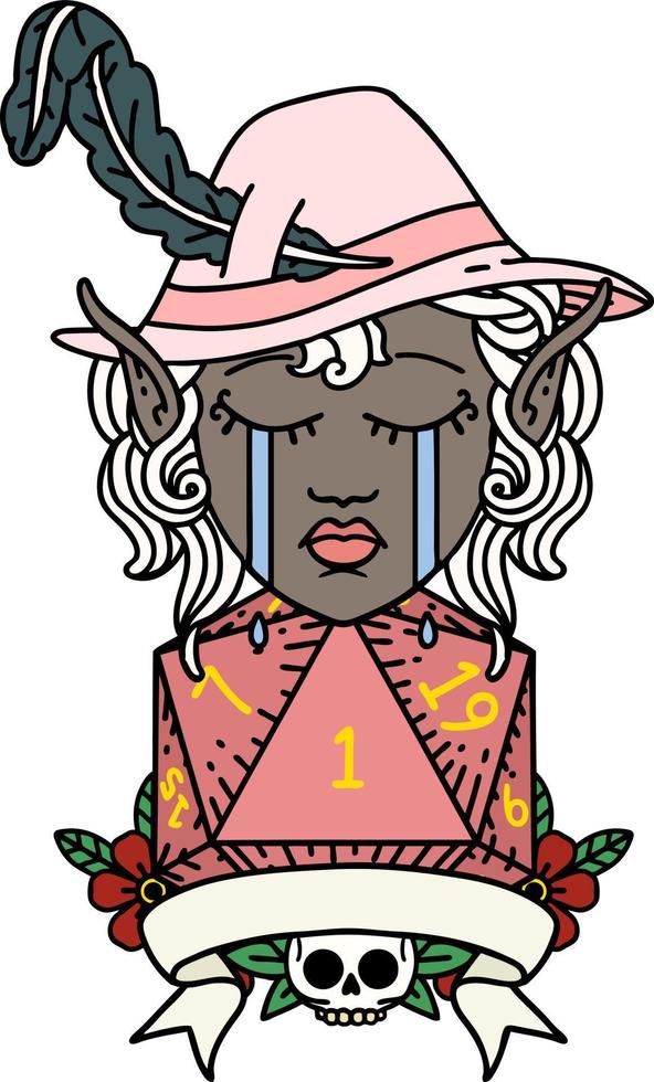 Retro Tattoo Style crying elf bard character with natural one D20 roll vector