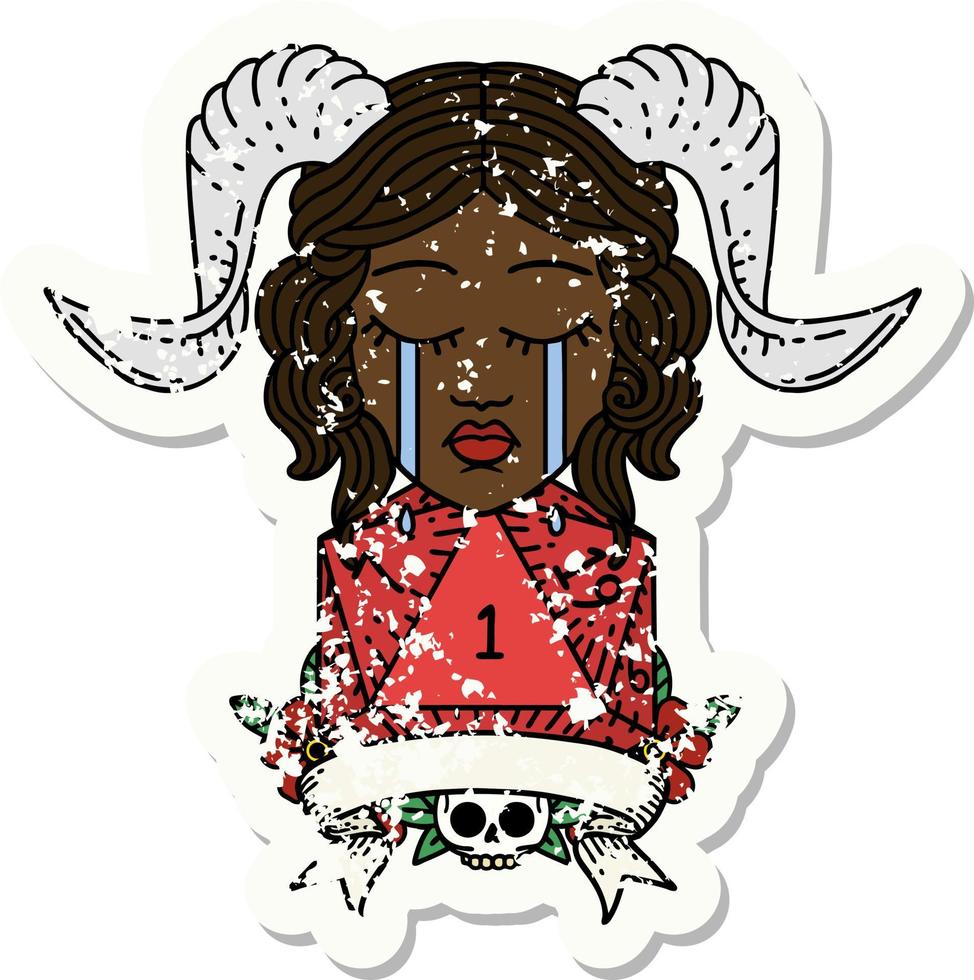 Retro Tattoo Style crying tiefling with natural one D20 dice roll vector