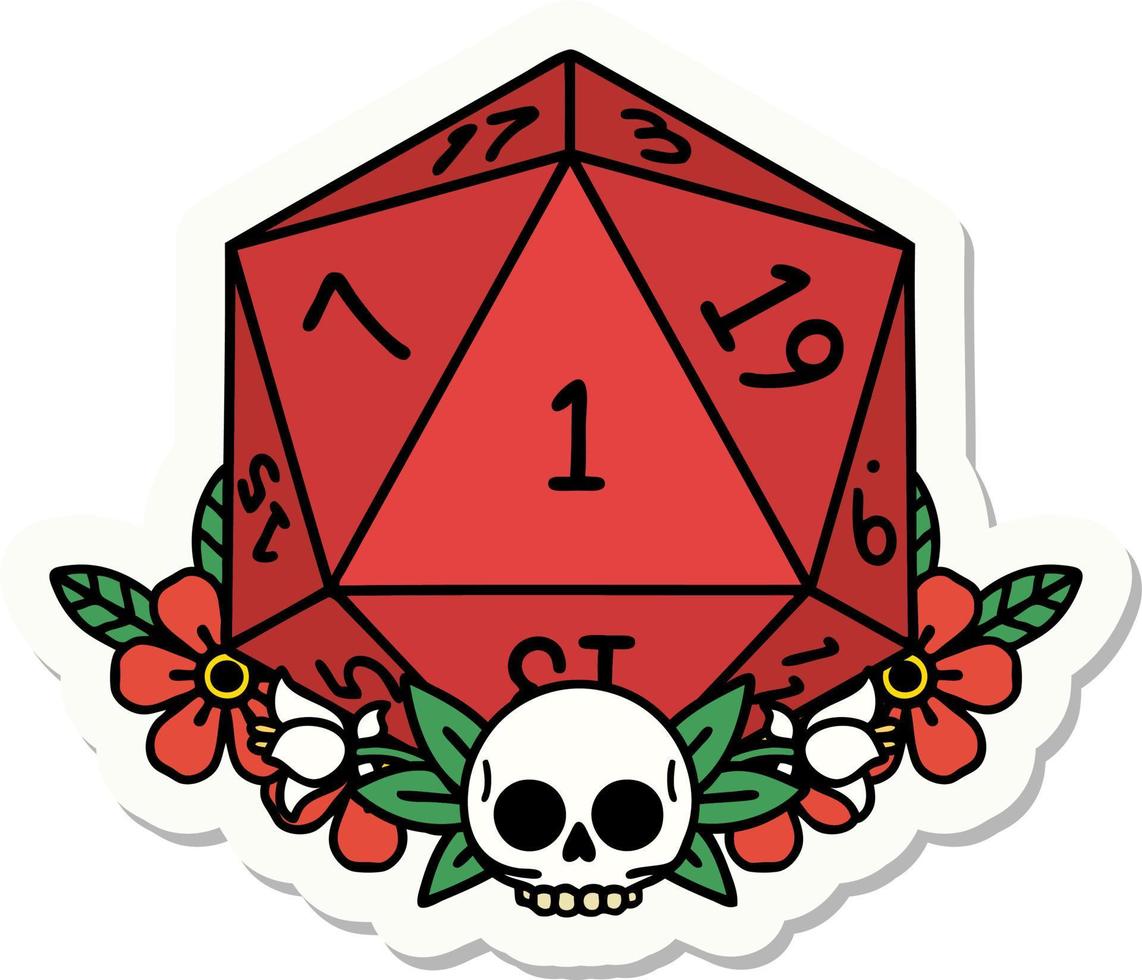 sticker of a natural one dice roll with floral elements vector