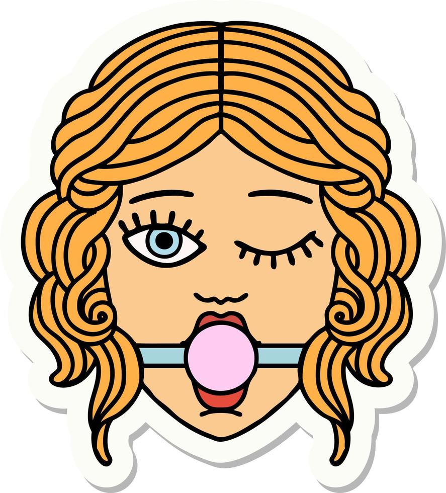 sticker of tattoo in traditional style of a winking female face wearing ball gag vector