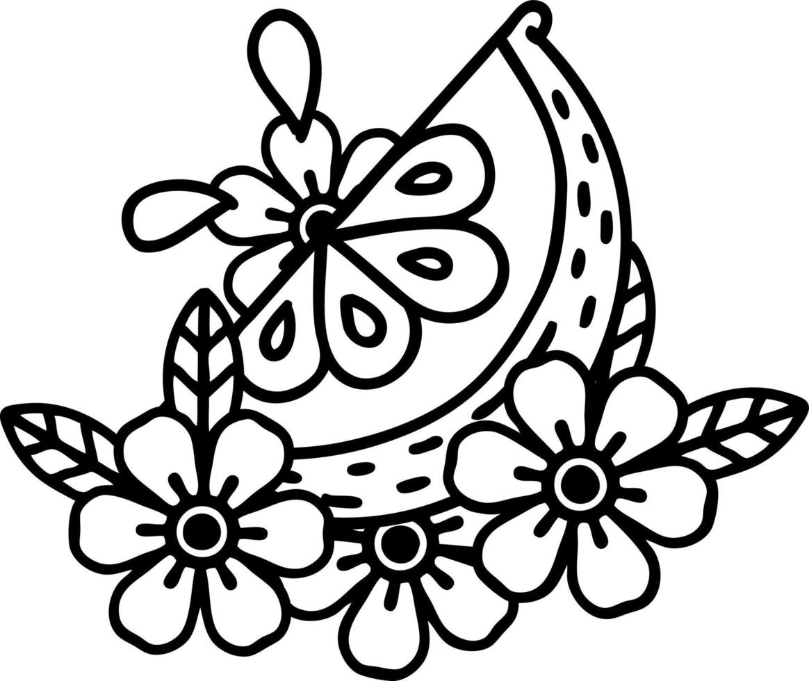 tattoo in black line style of a decorative lemon vector