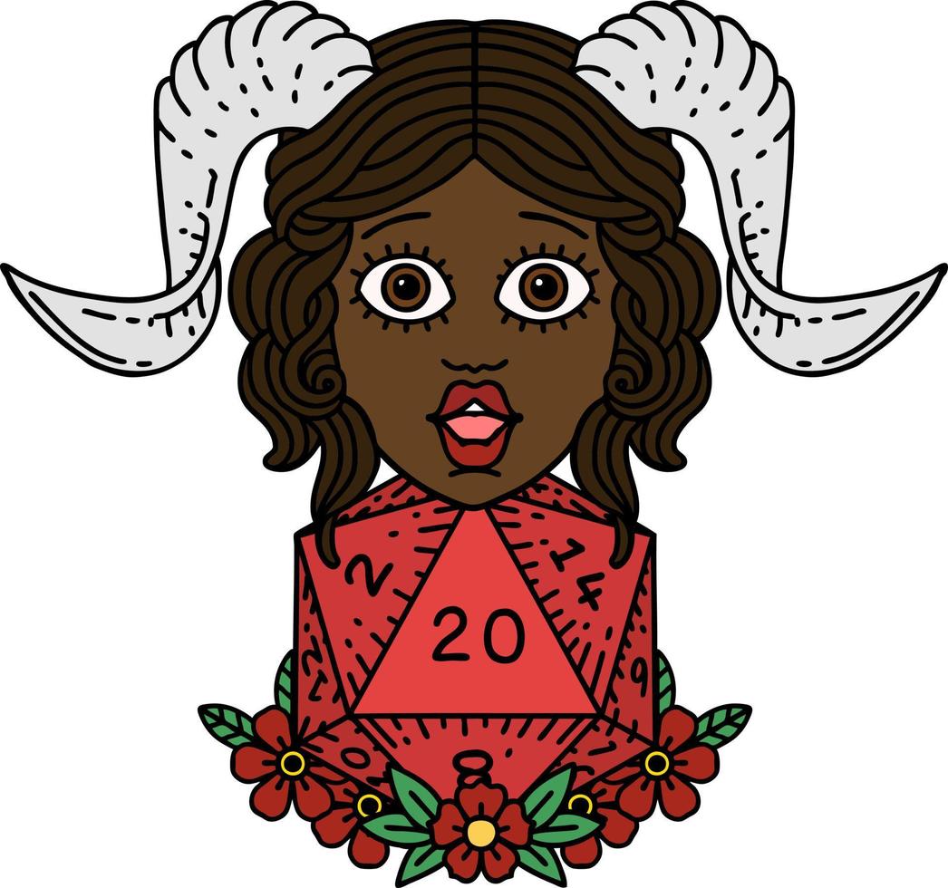 Retro Tattoo Style tiefling with D20 natural twenty dice roll vector