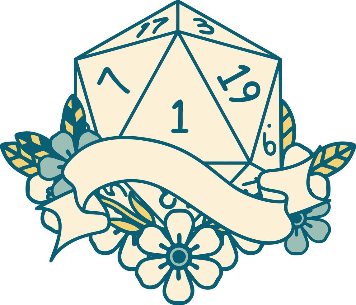 estilo de tatuaje retro natural uno d20 tirada de dados vector