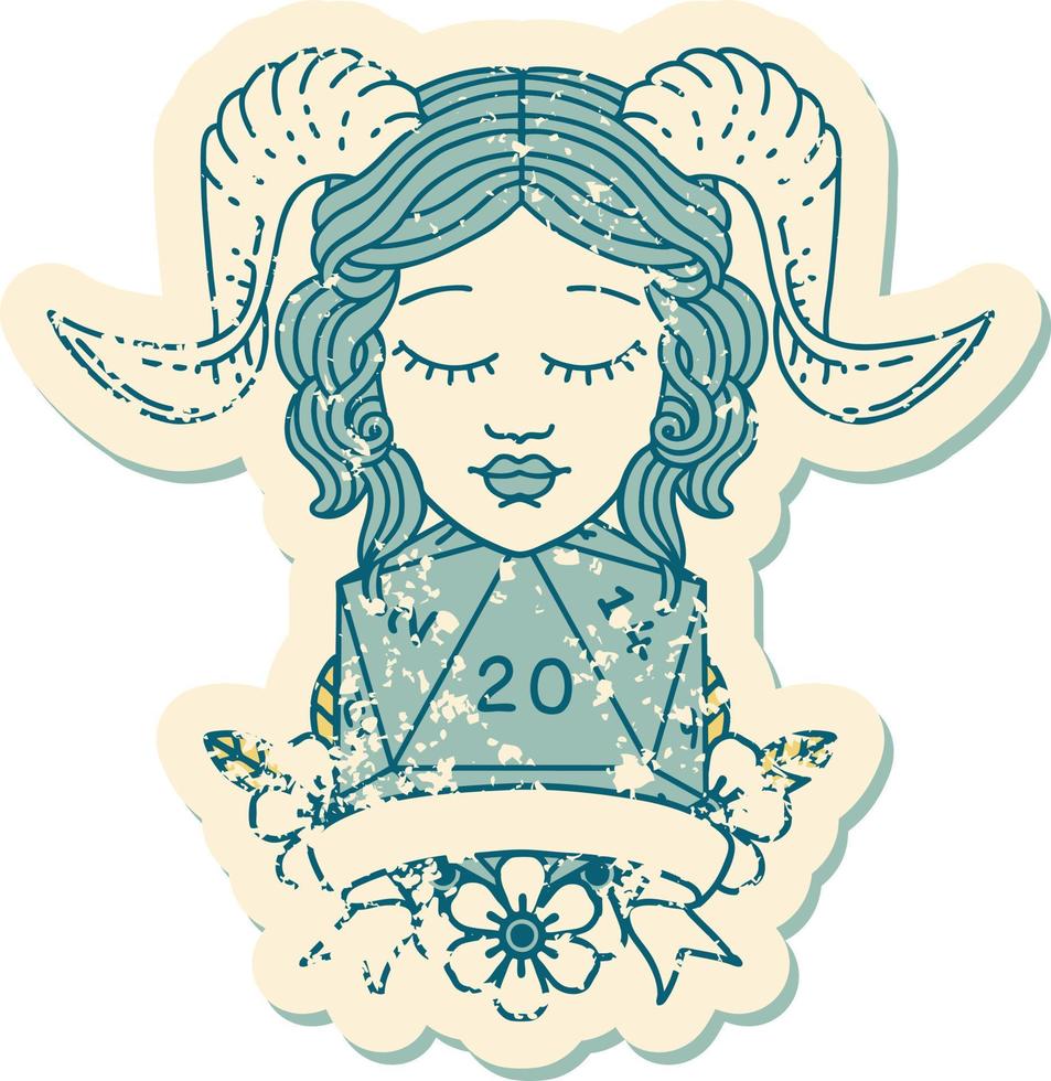 Retro Tattoo Style tiefling with natural twenty dice roll vector