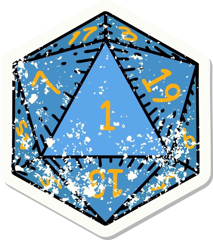 grunge sticker of a natural 1 D20 dice roll vector