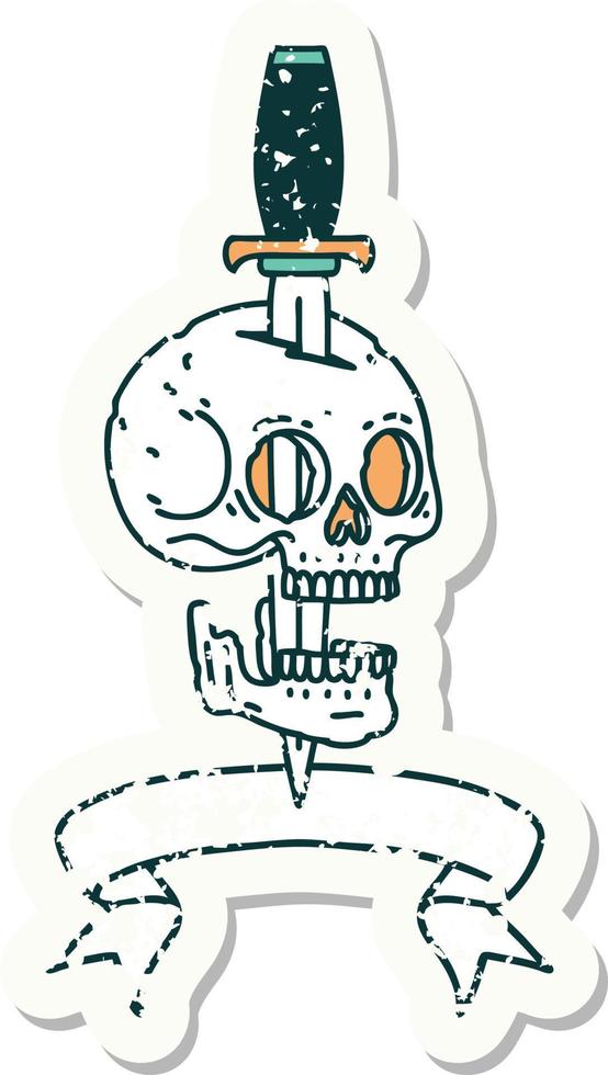 worn old sticker with banner of a skull vector