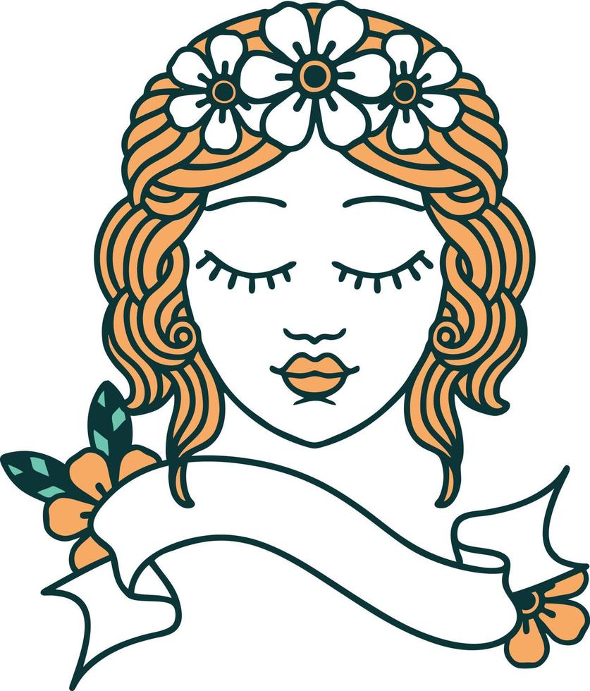 traditional tattoo with banner of a maidens face vector