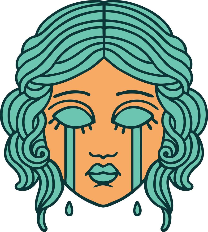 imagen icónica de estilo tatuaje de rostro femenino llorando vector