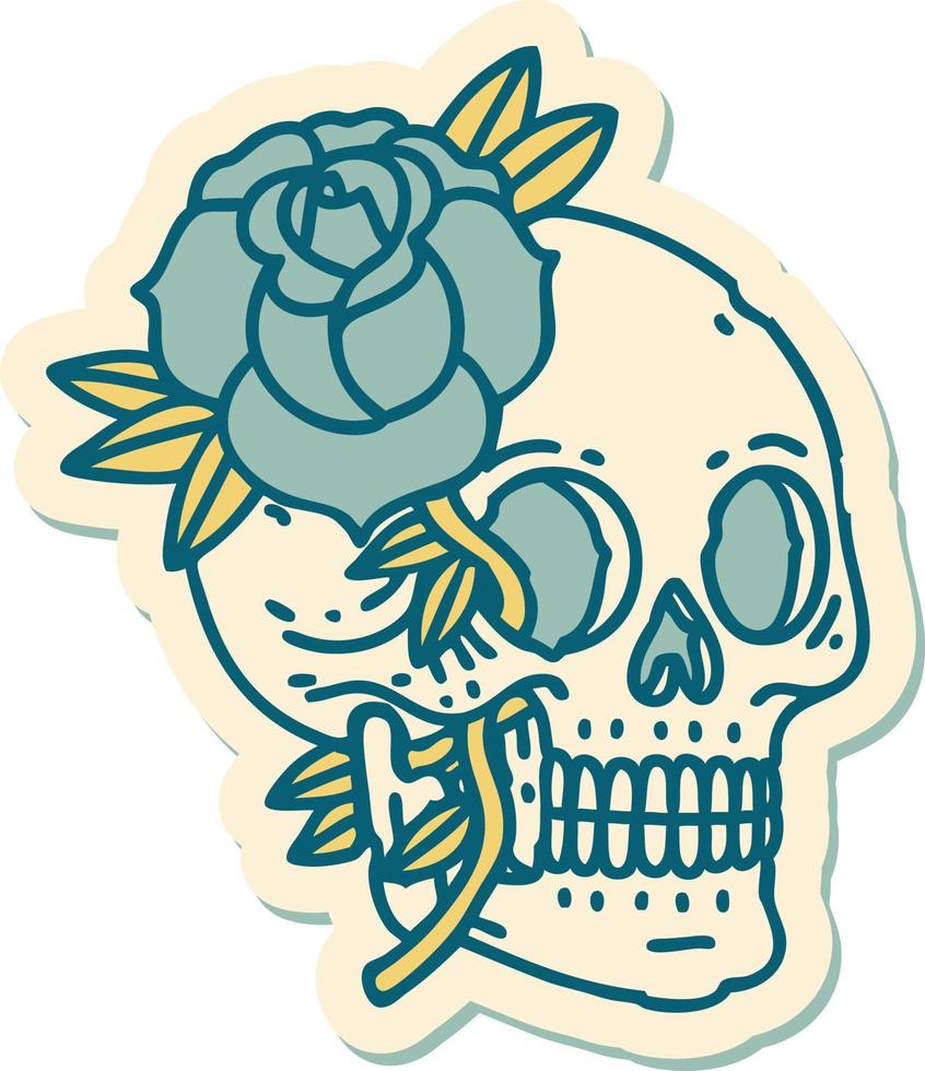 pegatina de tatuaje al estilo tradicional de una calavera y una rosa vector