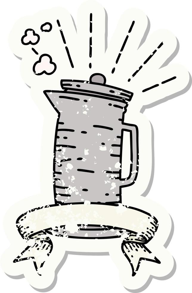 worn old sticker of a tattoo style coffee jug vector