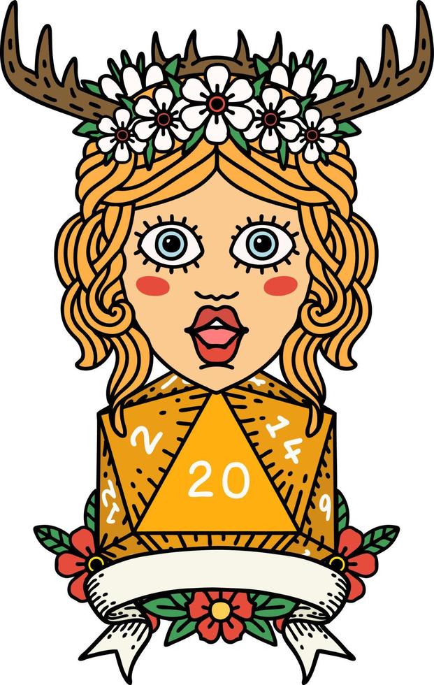 Retro Tattoo Style human druid with natural twenty roll vector