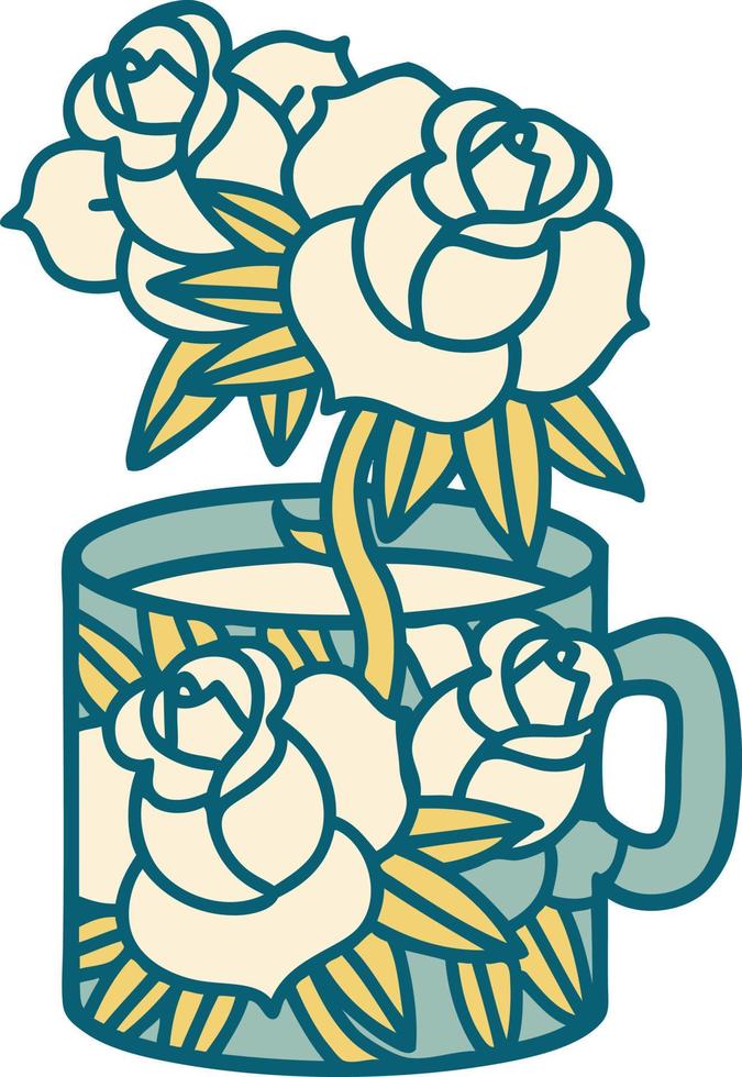 iconic tattoo style image of a cup and flowers vector