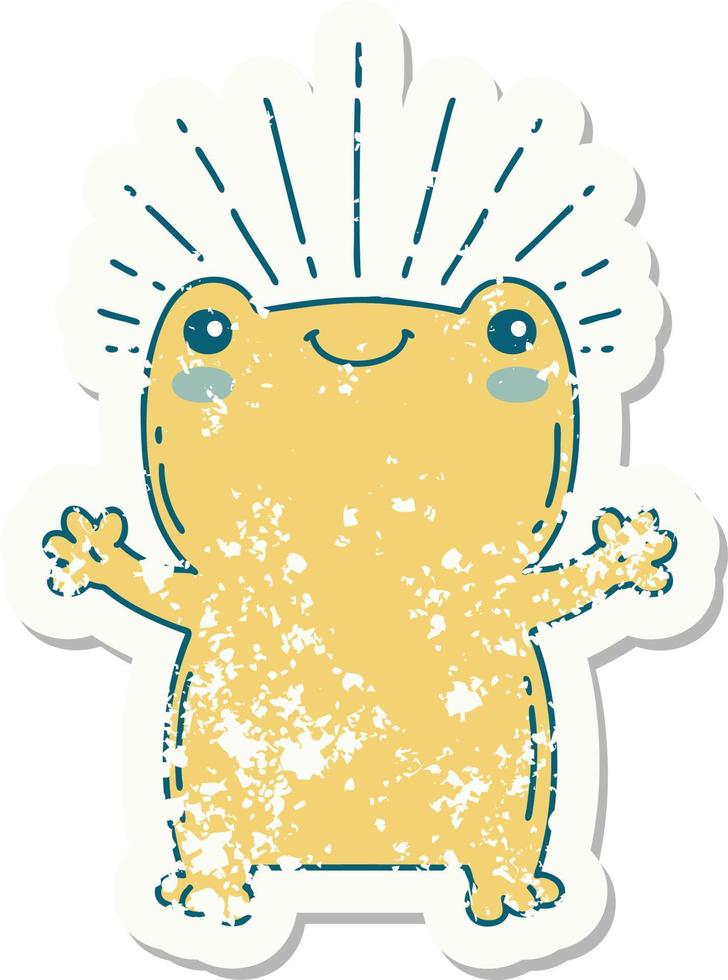 worn old sticker of a tattoo style happy frog vector