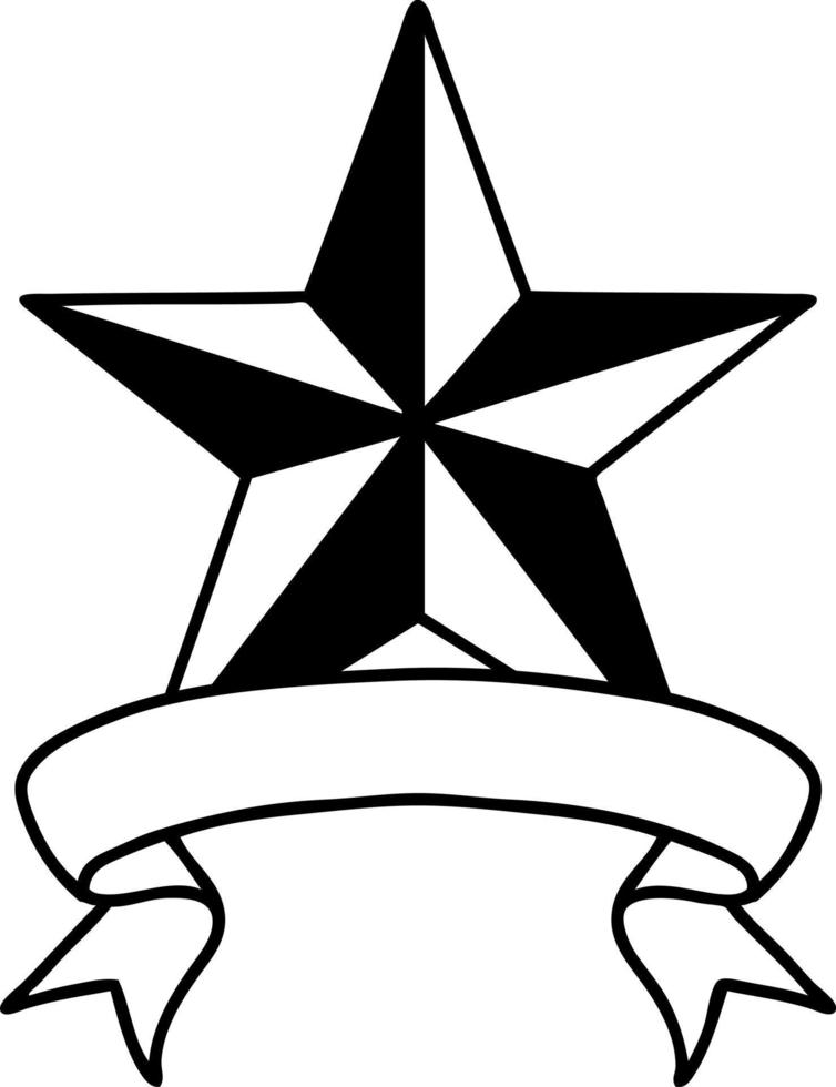 traditional black linework tattoo with banner of a star vector