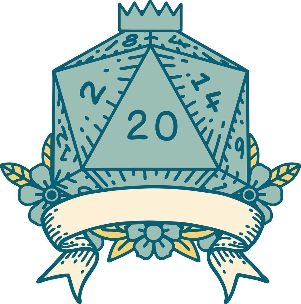 Retro Tattoo Style natural 20 critical hit D20 dice roll vector