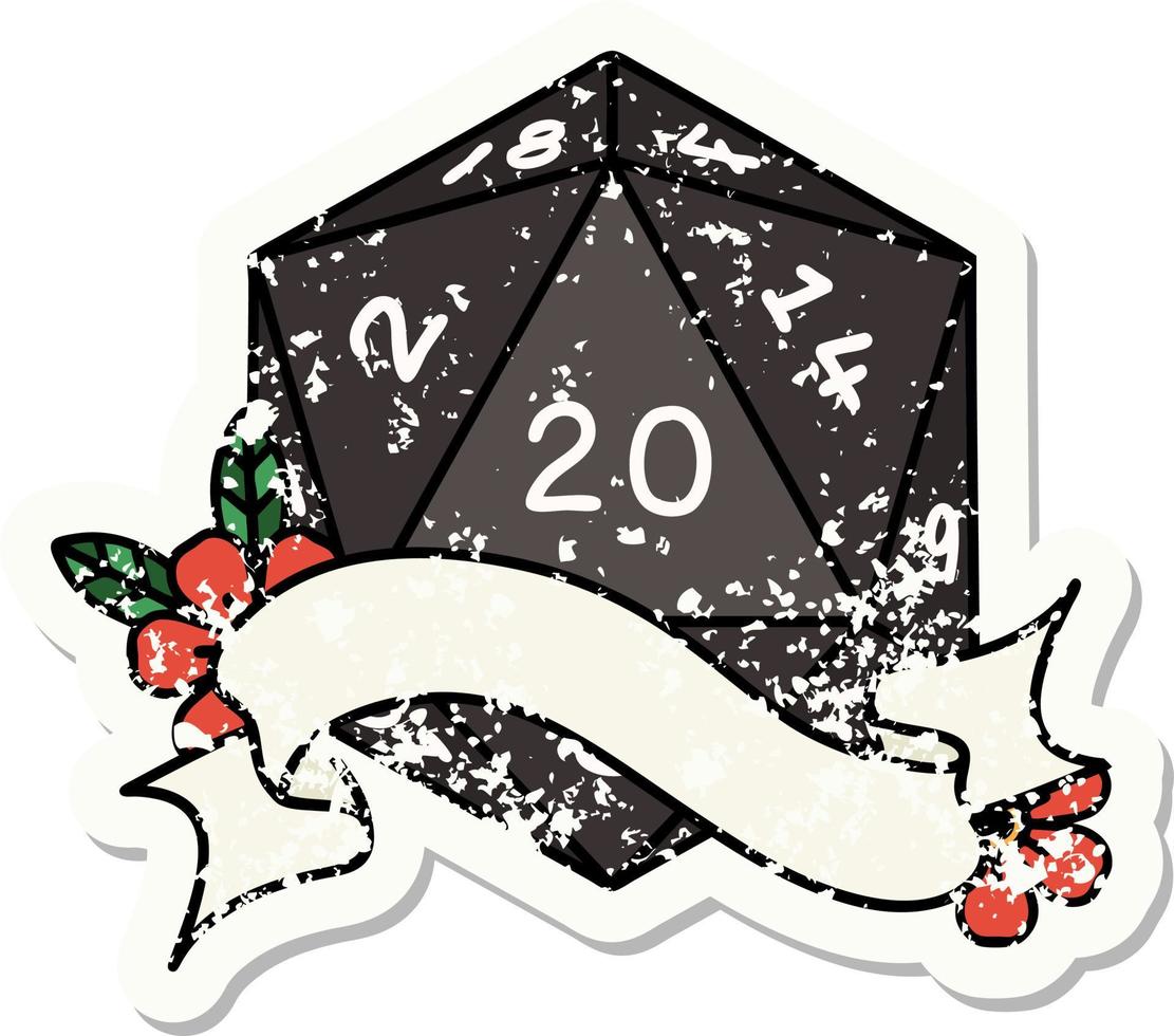 grunge sticker of a natural twenty D20 dice roll vector